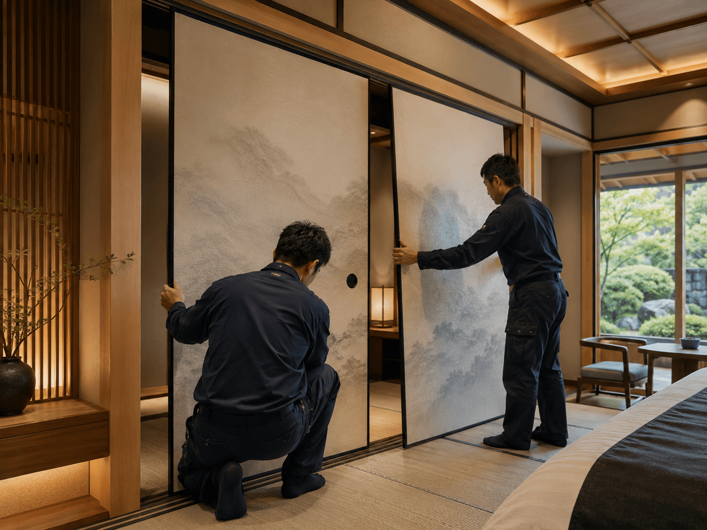 丁寧にふすまを建て込む職人の施工風景
