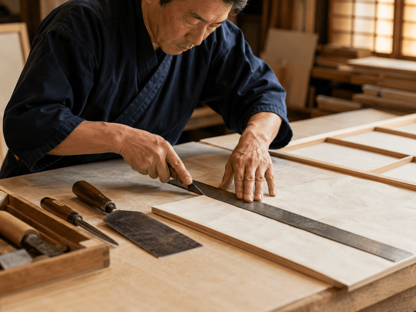 ふすまの建て付け調整を行う職人(埼玉県)
