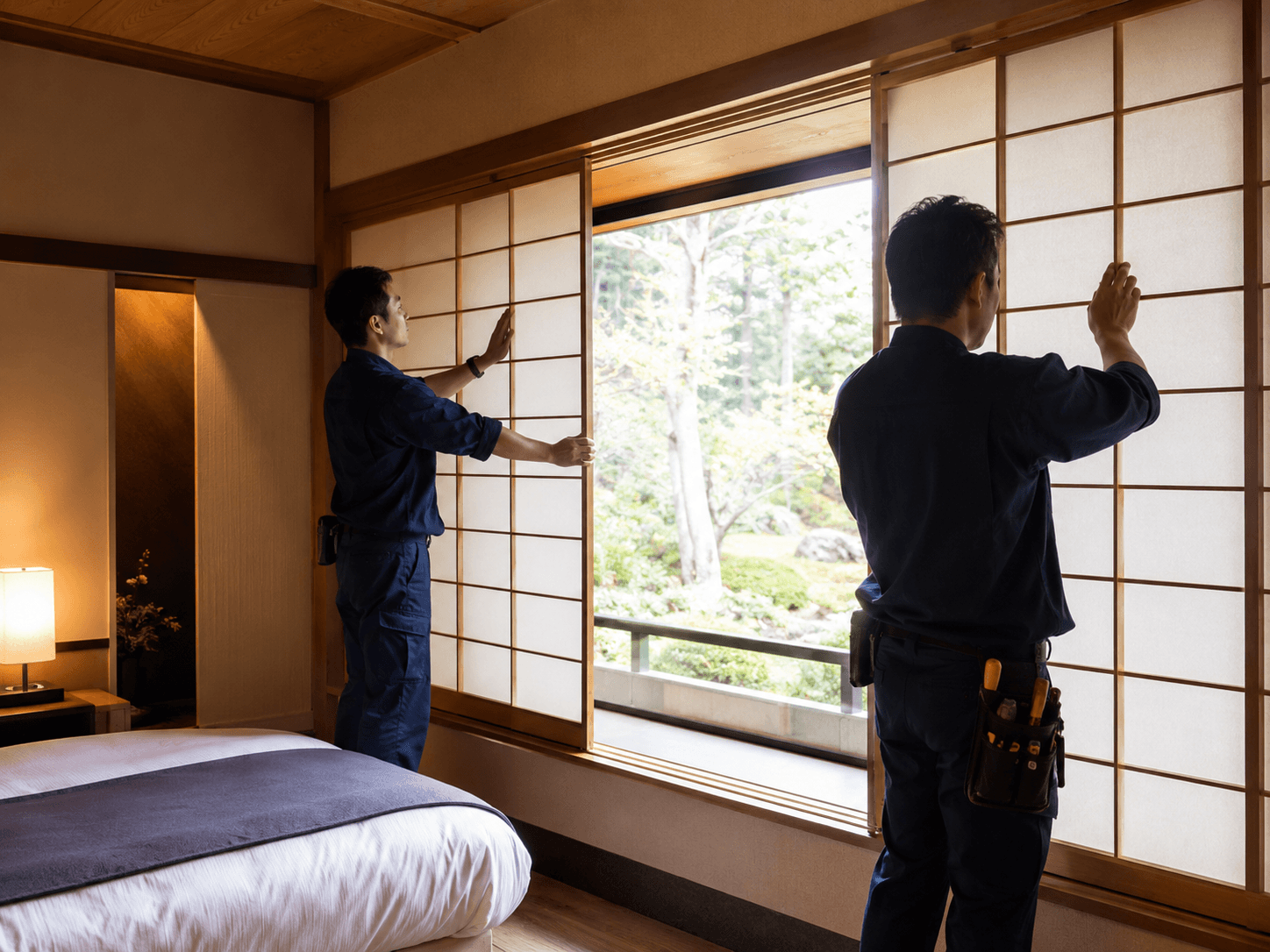 旅館の和室で障子を建て込む2名の職人